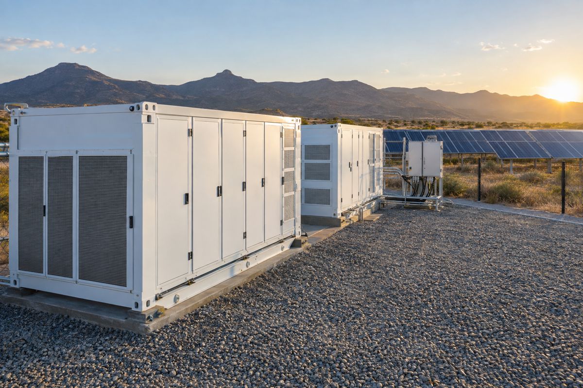 Battery energy storage containers beside a solar farm